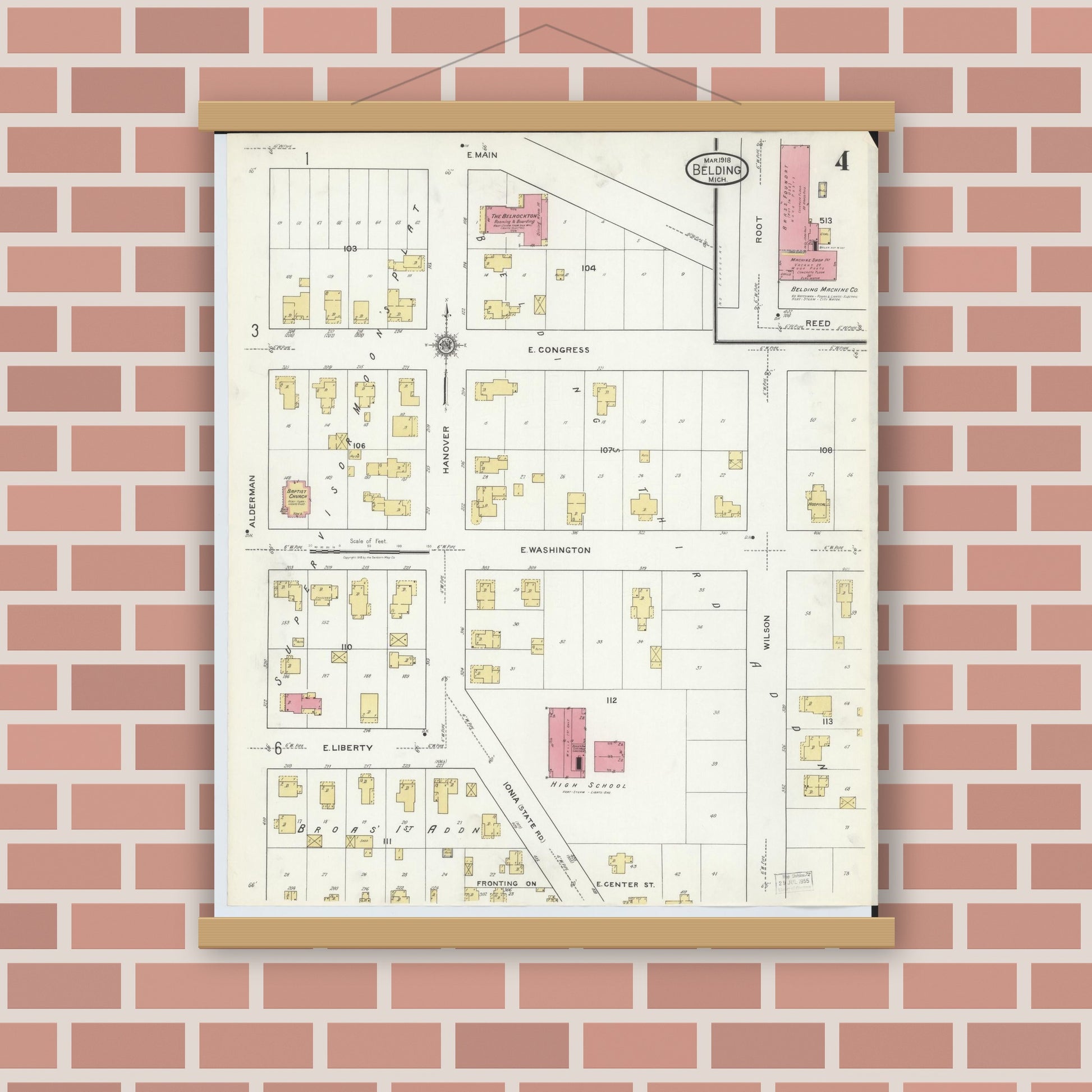 Old map wall art mockup — magnetic wood frame on brick wall — Sanborn Fire Insurance Map from Belding, Ionia County, Michigan (1918), Sheet #0004