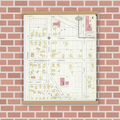 Old map wall art mockup — magnetic wood frame on brick wall — Sanborn Fire Insurance Map from Belding, Ionia County, Michigan (1918), Sheet #0004
