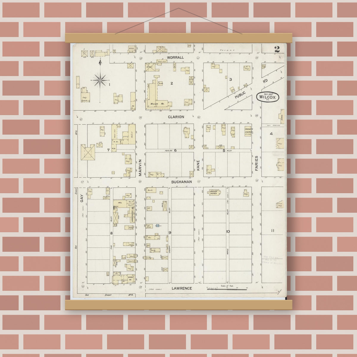 Old map wall art mockup — magnetic wood frame on brick wall — Sanborn Fire Insurance Map from Wilcox, Elk County, Pennsylvania (1887), Sheet #0002