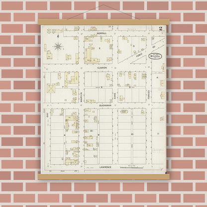 Old map wall art mockup — magnetic wood frame on brick wall — Sanborn Fire Insurance Map from Wilcox, Elk County, Pennsylvania (1887), Sheet #0002