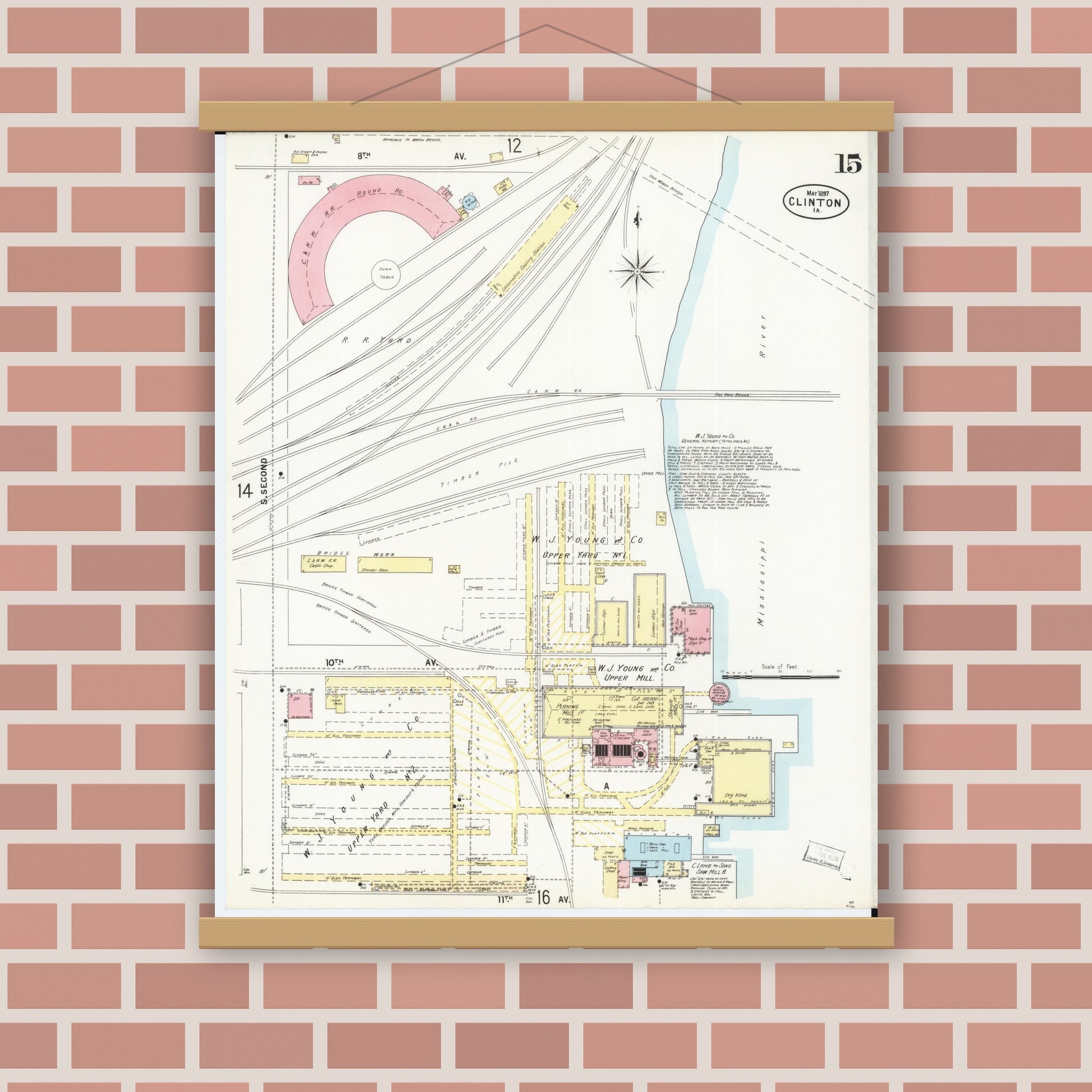Old map wall art mockup — magnetic wood frame on brick wall — Sanborn Fire Insurance Map from Clinton, Clinton County, Iowa (1897), Sheet #0015
