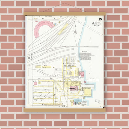 Old map wall art mockup — magnetic wood frame on brick wall — Sanborn Fire Insurance Map from Clinton, Clinton County, Iowa (1897), Sheet #0015