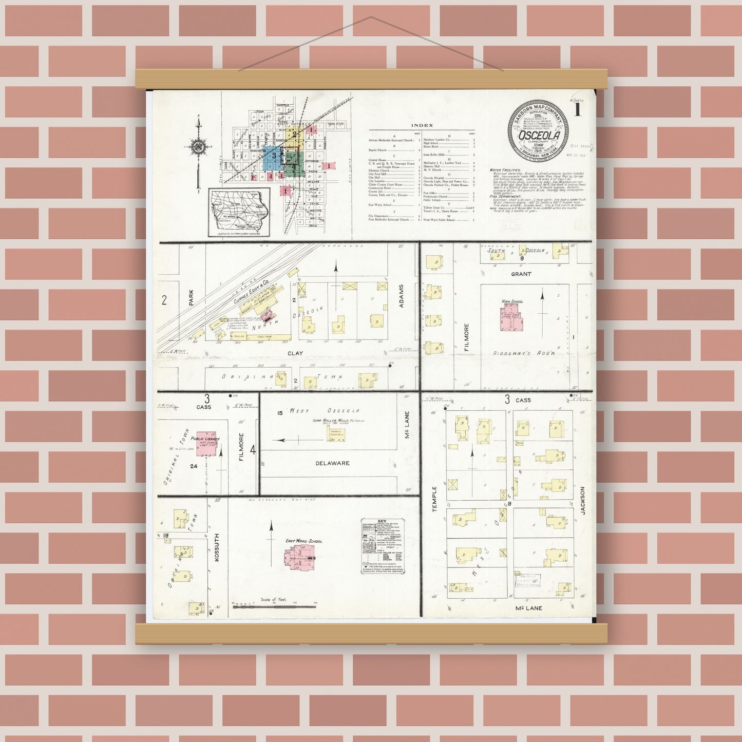 Old map wall art mockup — magnetic wood frame on brick wall — Sanborn Fire Insurance Map from Osceola, Clarke County, Iowa (1913) â€” Complete Set