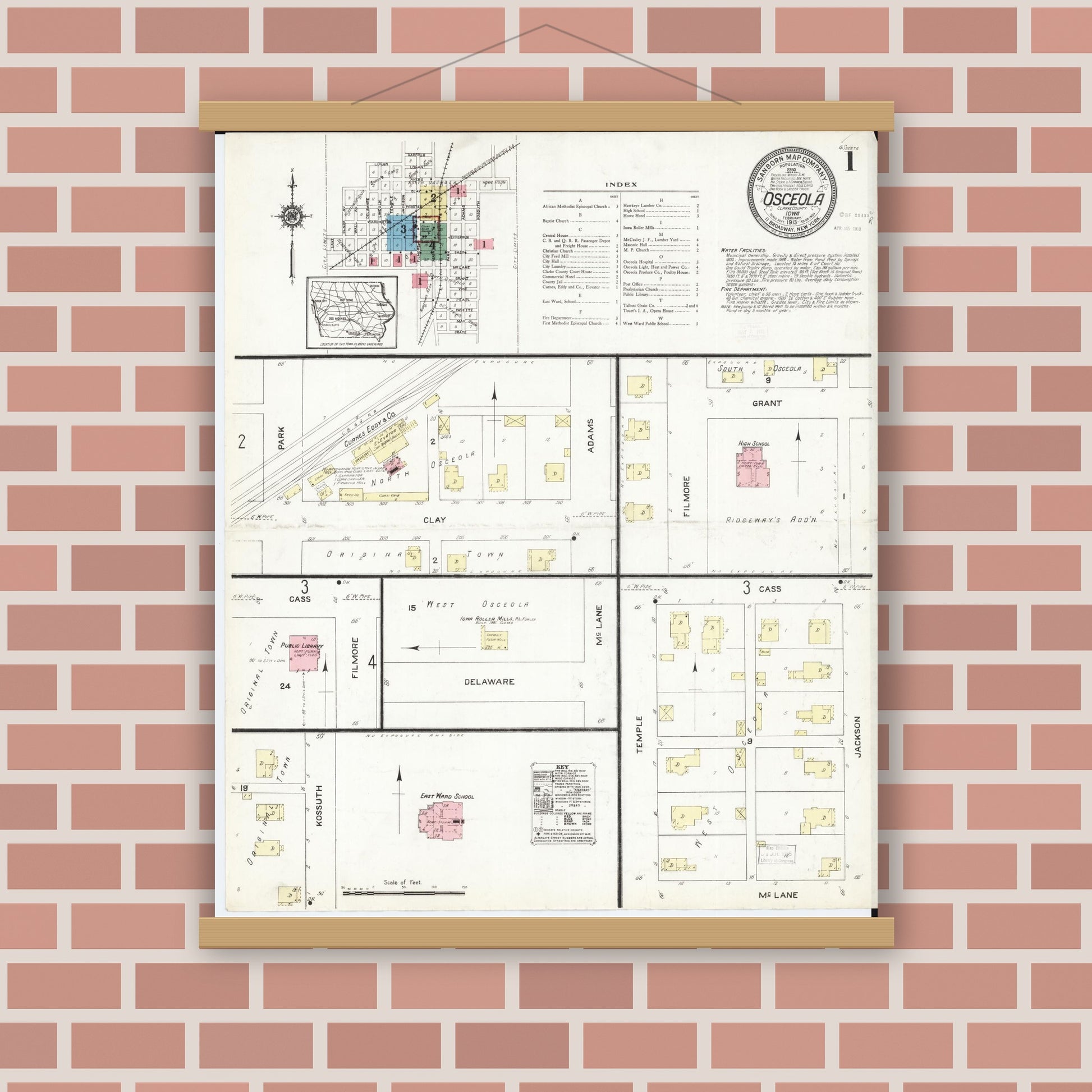 Old map wall art mockup — magnetic wood frame on brick wall — Sanborn Fire Insurance Map from Osceola, Clarke County, Iowa (1913) â€” Complete Set