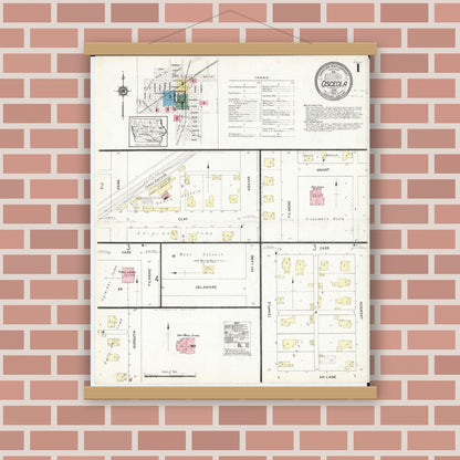 Old map wall art mockup — magnetic wood frame on brick wall — Sanborn Fire Insurance Map from Osceola, Clarke County, Iowa (1913) â€” Complete Set