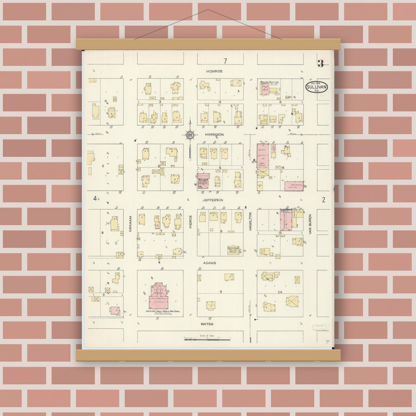 Old map wall art mockup — magnetic wood frame on brick wall — Sanborn Fire Insurance Map from Sullivan, Moultrie County, Illinois (1914), Sheet #0003