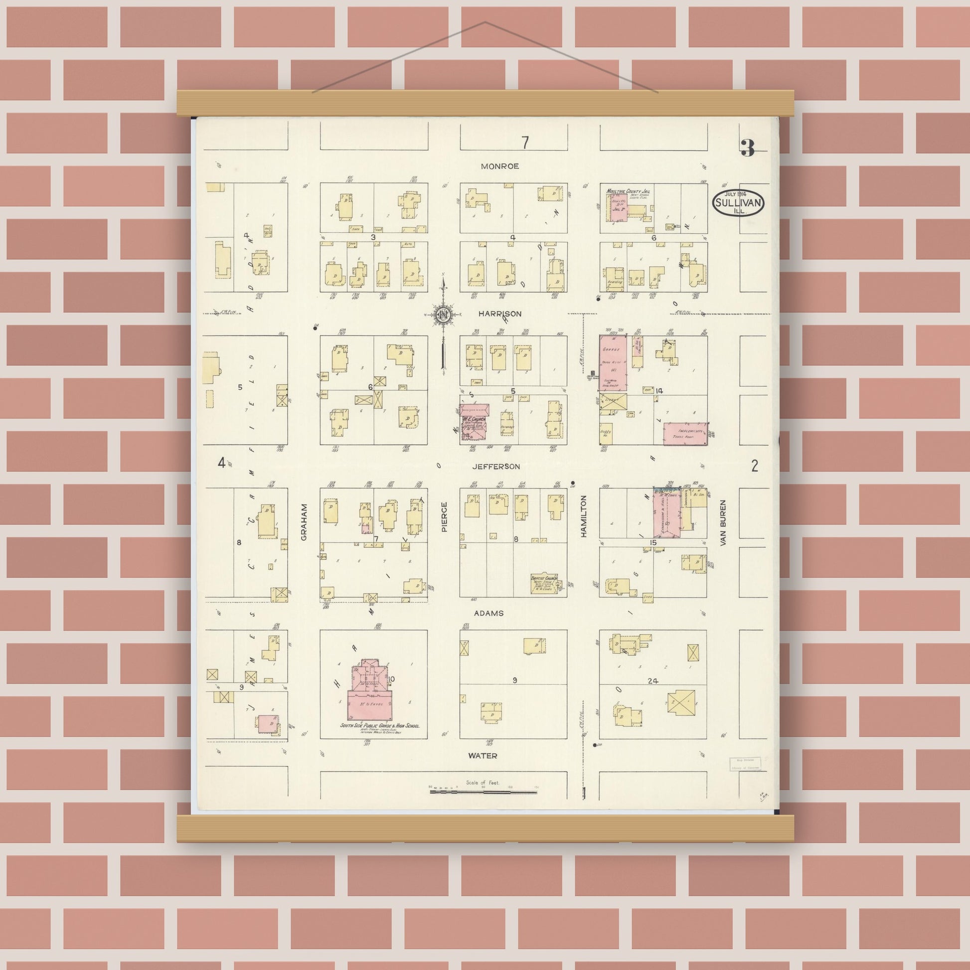 Old map wall art mockup — magnetic wood frame on brick wall — Sanborn Fire Insurance Map from Sullivan, Moultrie County, Illinois (1914), Sheet #0003