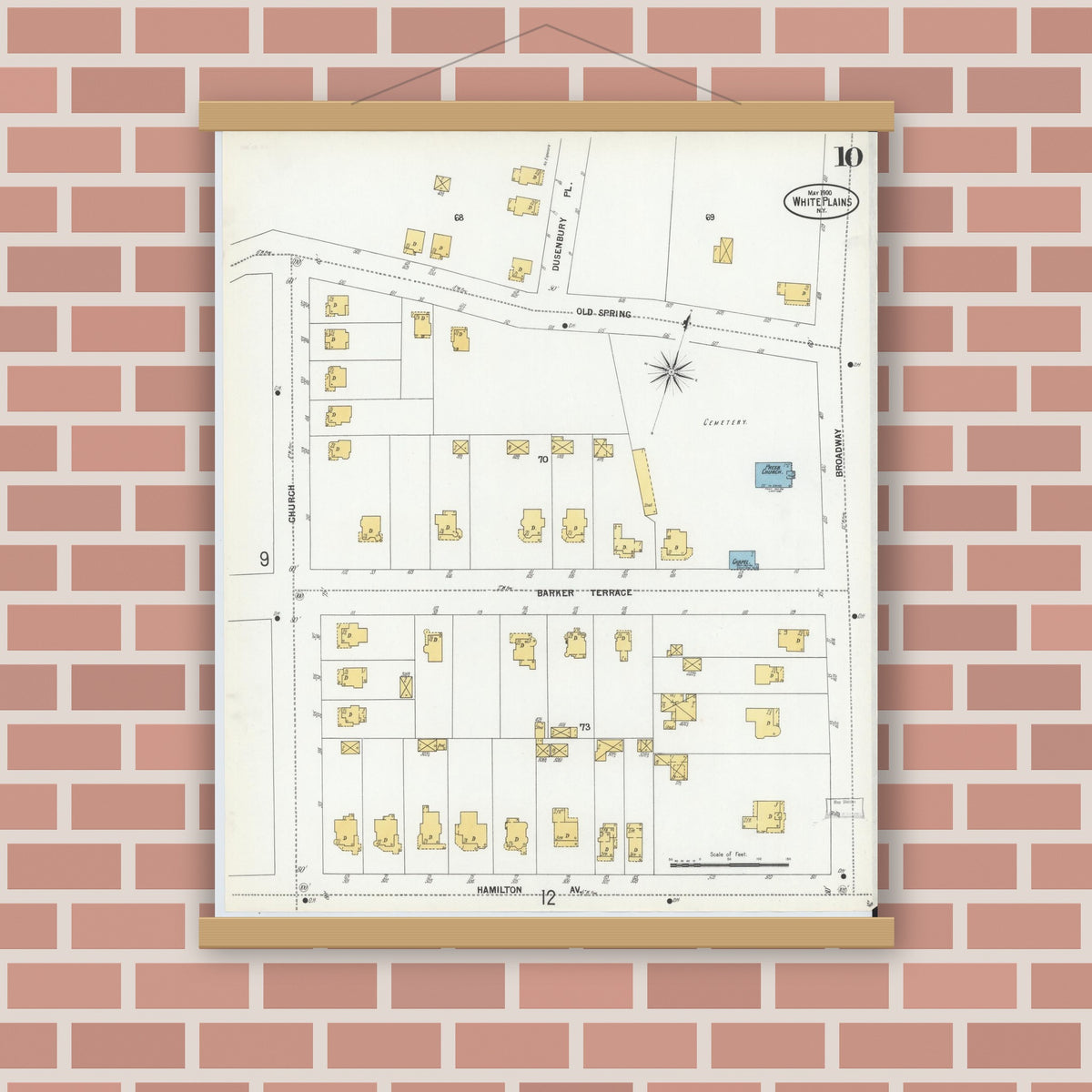 Old map wall art mockup — magnetic wood frame on brick wall — Sanborn Fire Insurance Map from White Plains, Westchester County, New York (1900), Sheet #0010