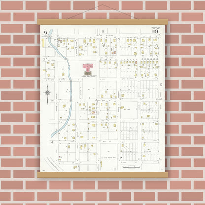 Old map wall art mockup — magnetic wood frame on brick wall — Sanborn Fire Insurance Map from Snyder, Scurry County, Texas (1936), Sheet #0009