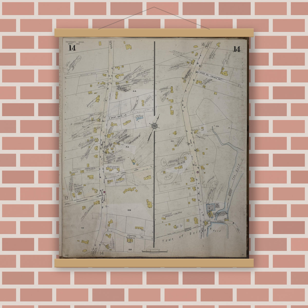 Old map wall art mockup — magnetic wood frame on brick wall — Sanborn Fire Insurance Map from Cohasset, Norfolk County, Massachusetts (1952), Sheet #0014