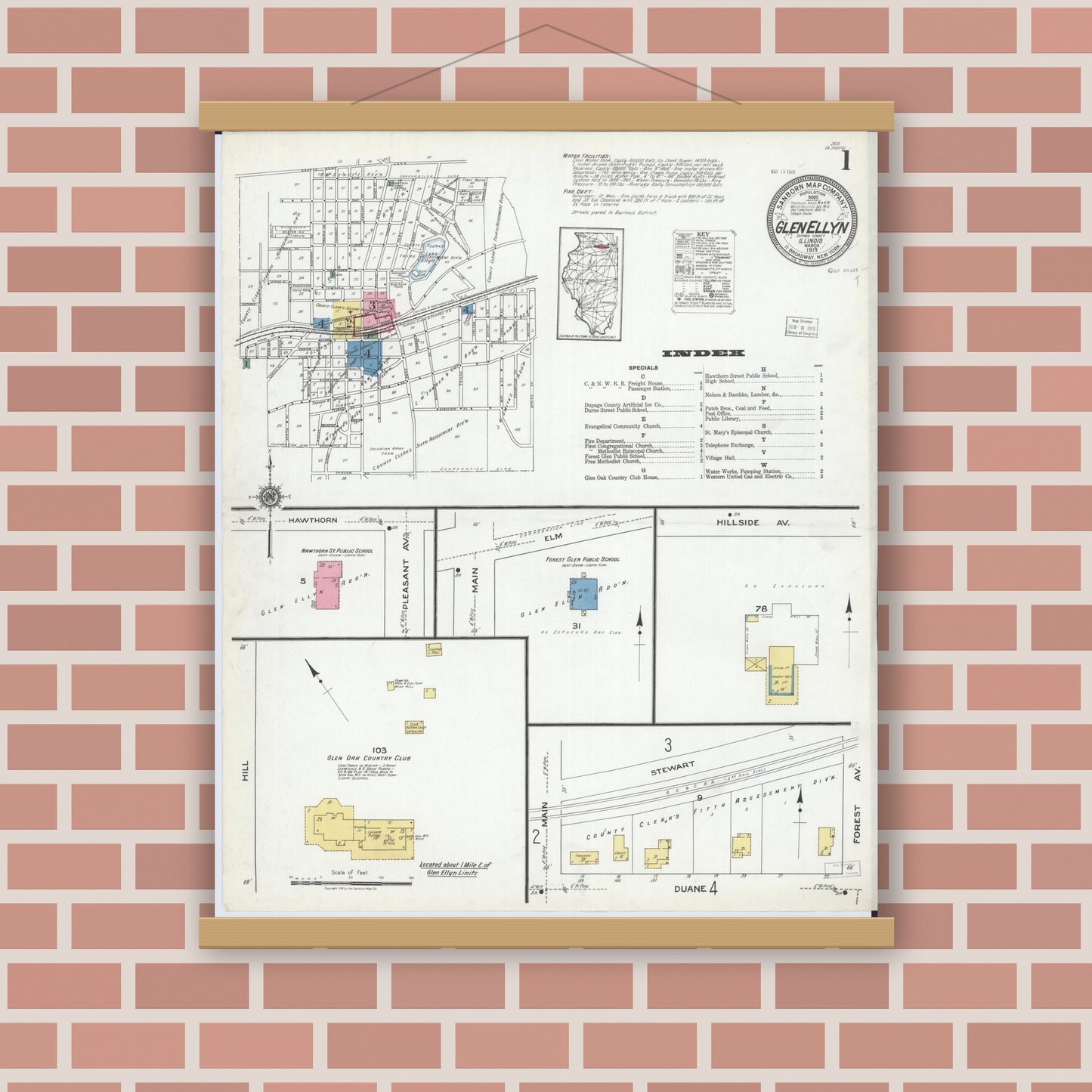 Old map wall art mockup — magnetic wood frame on brick wall — Sanborn Fire Insurance Map from Glen Ellyn, Du Page County, Illinois (1919) - Complete Map Set