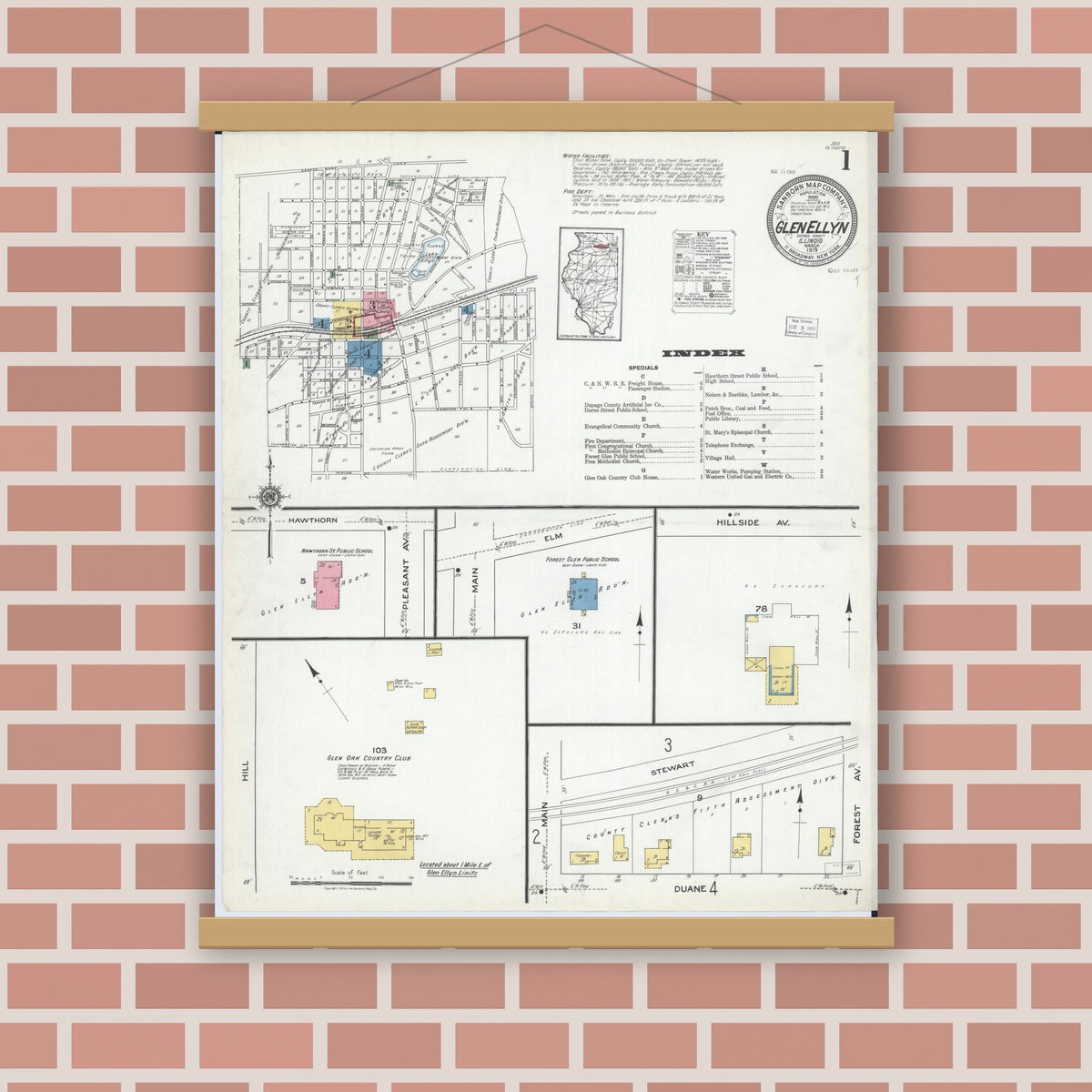 Old map wall art mockup — magnetic wood frame on brick wall — Sanborn Fire Insurance Map from Glen Ellyn, Du Page County, Illinois (1919) - Complete Map Set