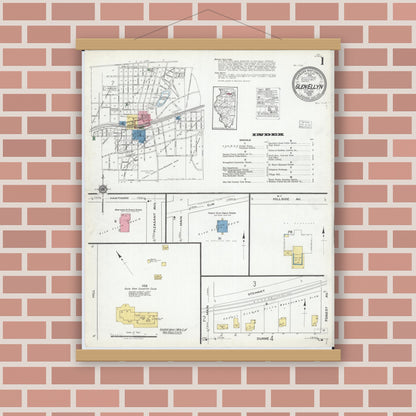 Old map wall art mockup — magnetic wood frame on brick wall — Sanborn Fire Insurance Map from Glen Ellyn, Du Page County, Illinois (1919) - Complete Map Set
