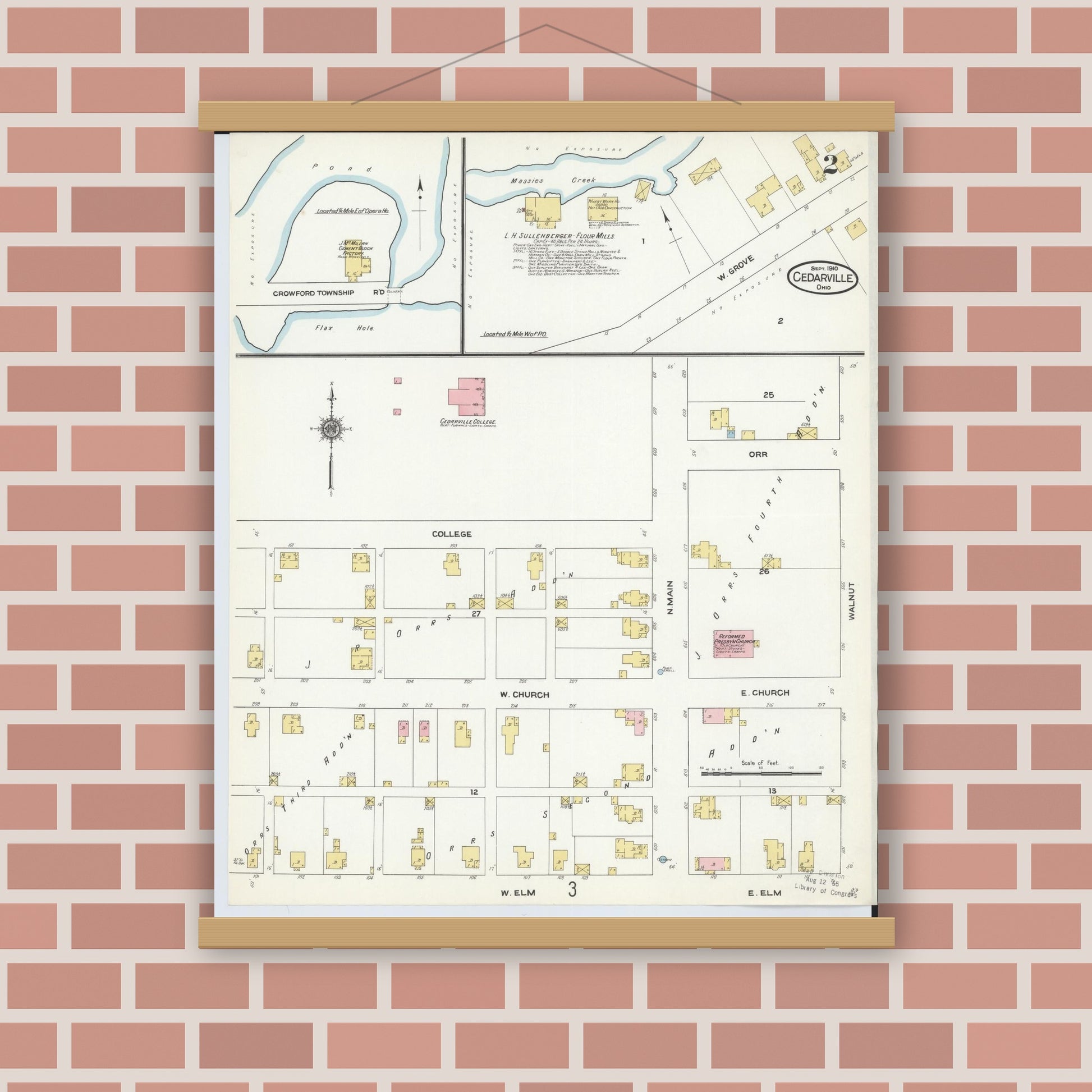 Old map wall art mockup — magnetic wood frame on brick wall — Sanborn Fire Insurance Map from Cedarville, Greene County, Ohio (1910), Sheet #0002