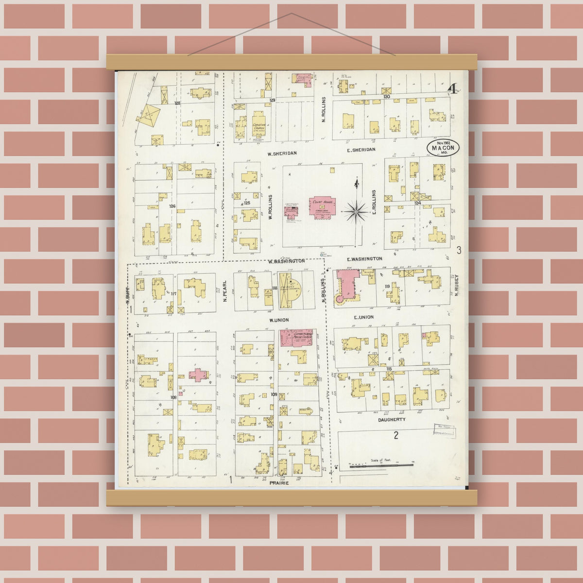 Old map wall art mockup — magnetic wood frame on brick wall — Sanborn Fire Insurance Map from Macon, Macon County, Missouri (1902), Sheet #0004