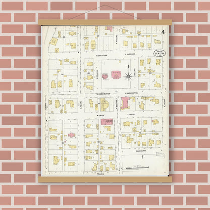 Old map wall art mockup — magnetic wood frame on brick wall — Sanborn Fire Insurance Map from Macon, Macon County, Missouri (1902), Sheet #0004