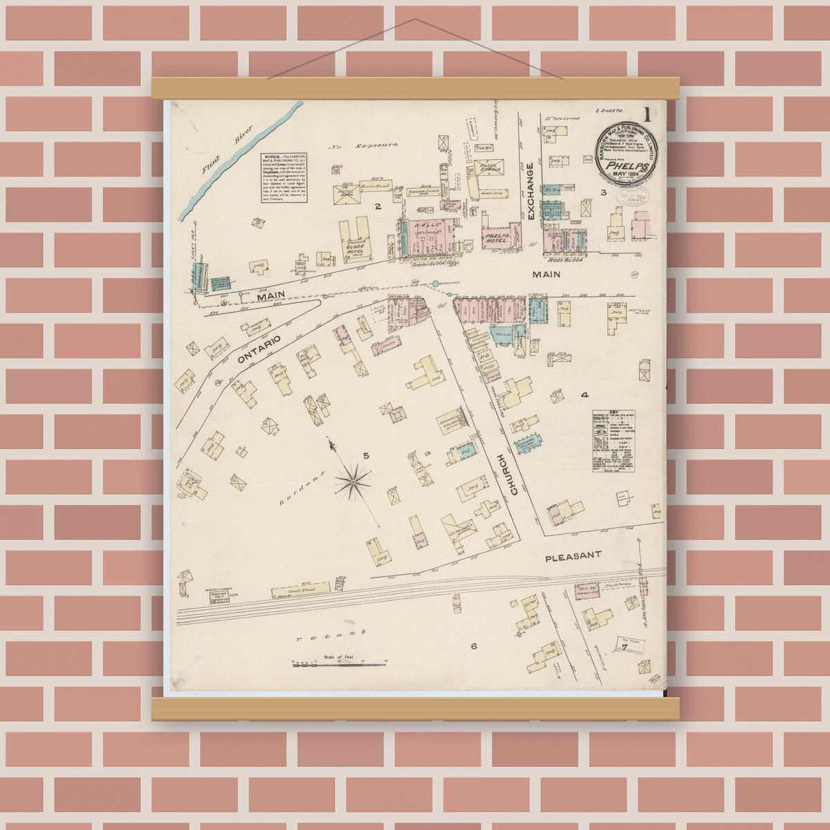 Old map wall art mockup — magnetic wood frame on brick wall — Sanborn Fire Insurance Map from Phelps, Ontario County, New York (1884) - Complete Map Set