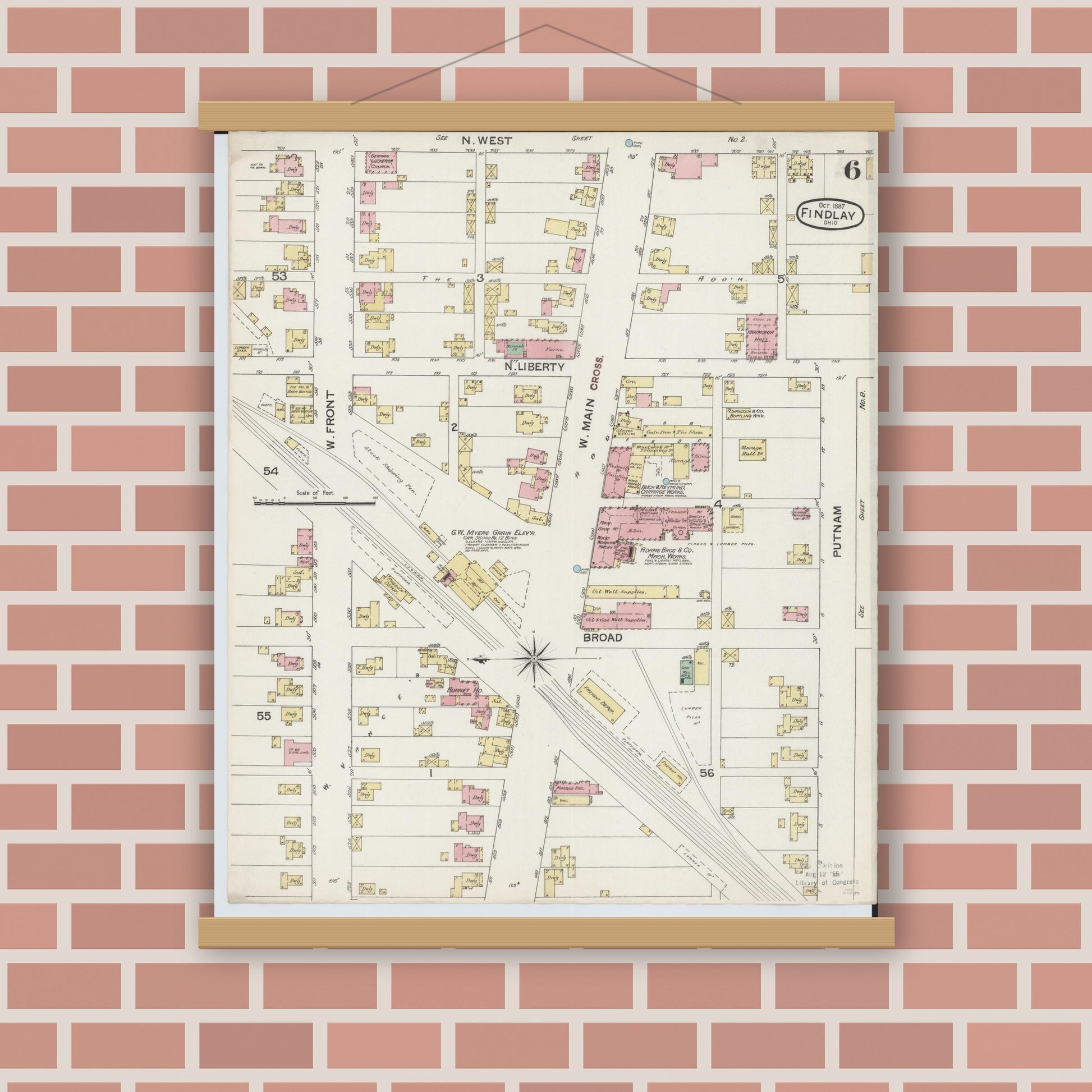 Old map wall art mockup — magnetic wood frame on brick wall — Sanborn Fire Insurance Map from Findlay, Hancock County, Ohio (1887), Sheet #0006