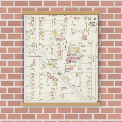 Old map wall art mockup — magnetic wood frame on brick wall — Sanborn Fire Insurance Map from Findlay, Hancock County, Ohio (1887), Sheet #0006