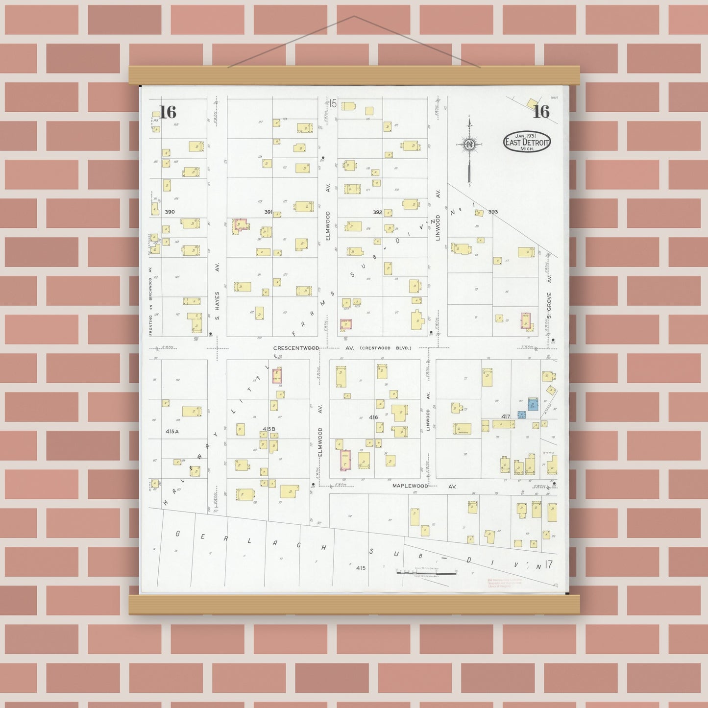Old map wall art mockup — magnetic wood frame on brick wall — Sanborn Fire Insurance Map from East Detroit, Macomb County, Michigan (1931), Sheet #0016