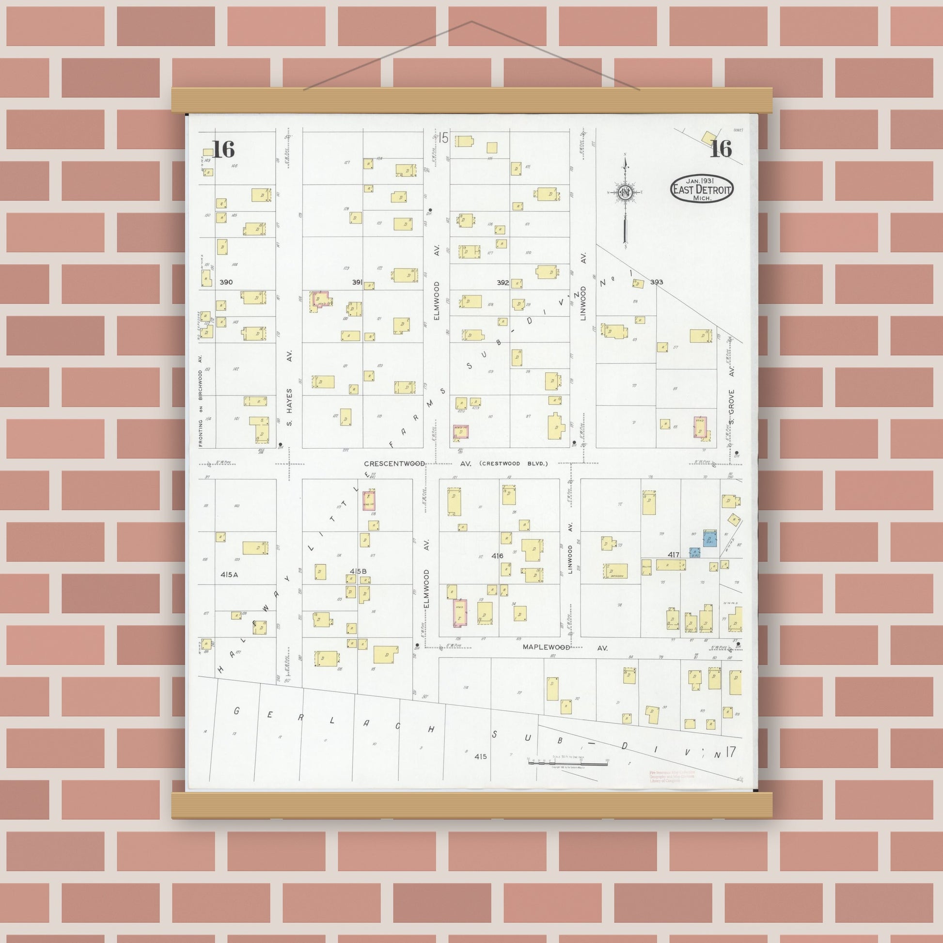 Old map wall art mockup — magnetic wood frame on brick wall — Sanborn Fire Insurance Map from East Detroit, Macomb County, Michigan (1931), Sheet #0016