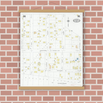 Old map wall art mockup — magnetic wood frame on brick wall — Sanborn Fire Insurance Map from East Detroit, Macomb County, Michigan (1931), Sheet #0016