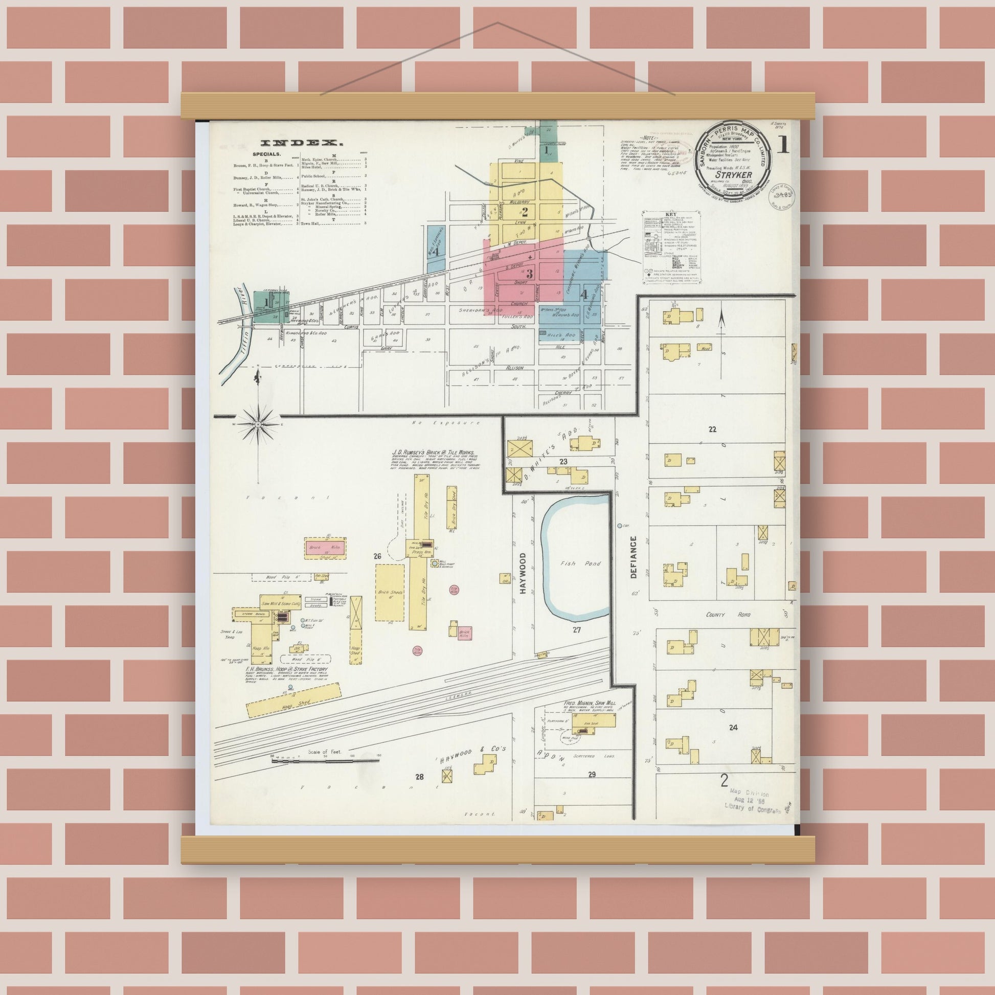 Old map wall art mockup — magnetic wood frame on brick wall — Sanborn Fire Insurance Map from Stryker, Williams County, Ohio (1899) - Complete Map Set