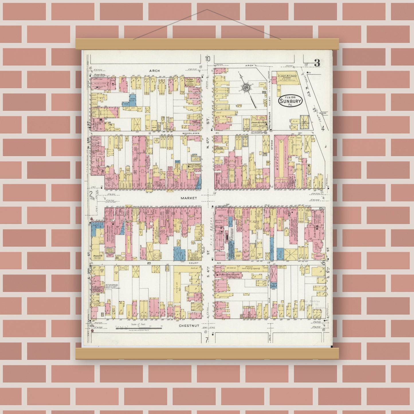 Old map wall art mockup — magnetic wood frame on brick wall — Sanborn Fire Insurance Map from Sunbury, Northumberland County, Pennsylvania (1918), Sheet #0003