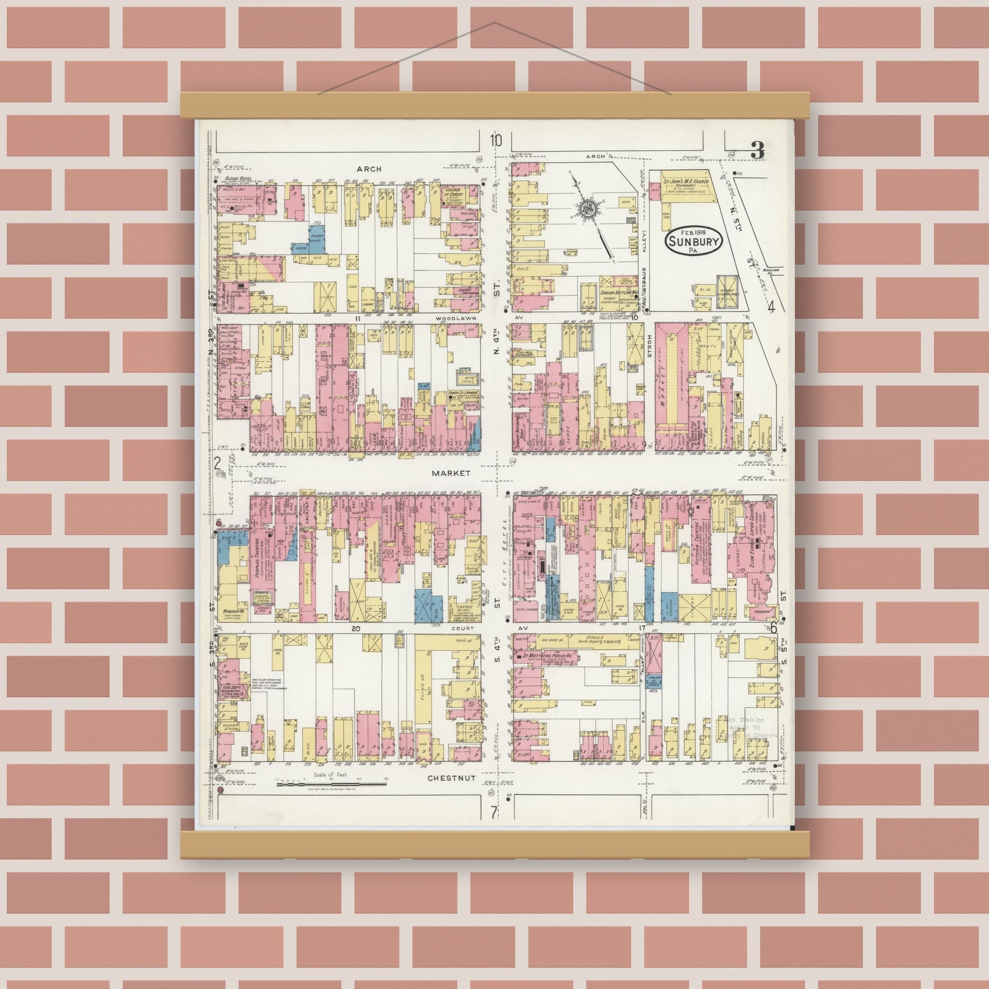 Old map wall art mockup — magnetic wood frame on brick wall — Sanborn Fire Insurance Map from Sunbury, Northumberland County, Pennsylvania (1918), Sheet #0003