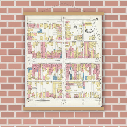 Old map wall art mockup — magnetic wood frame on brick wall — Sanborn Fire Insurance Map from Sunbury, Northumberland County, Pennsylvania (1918), Sheet #0003
