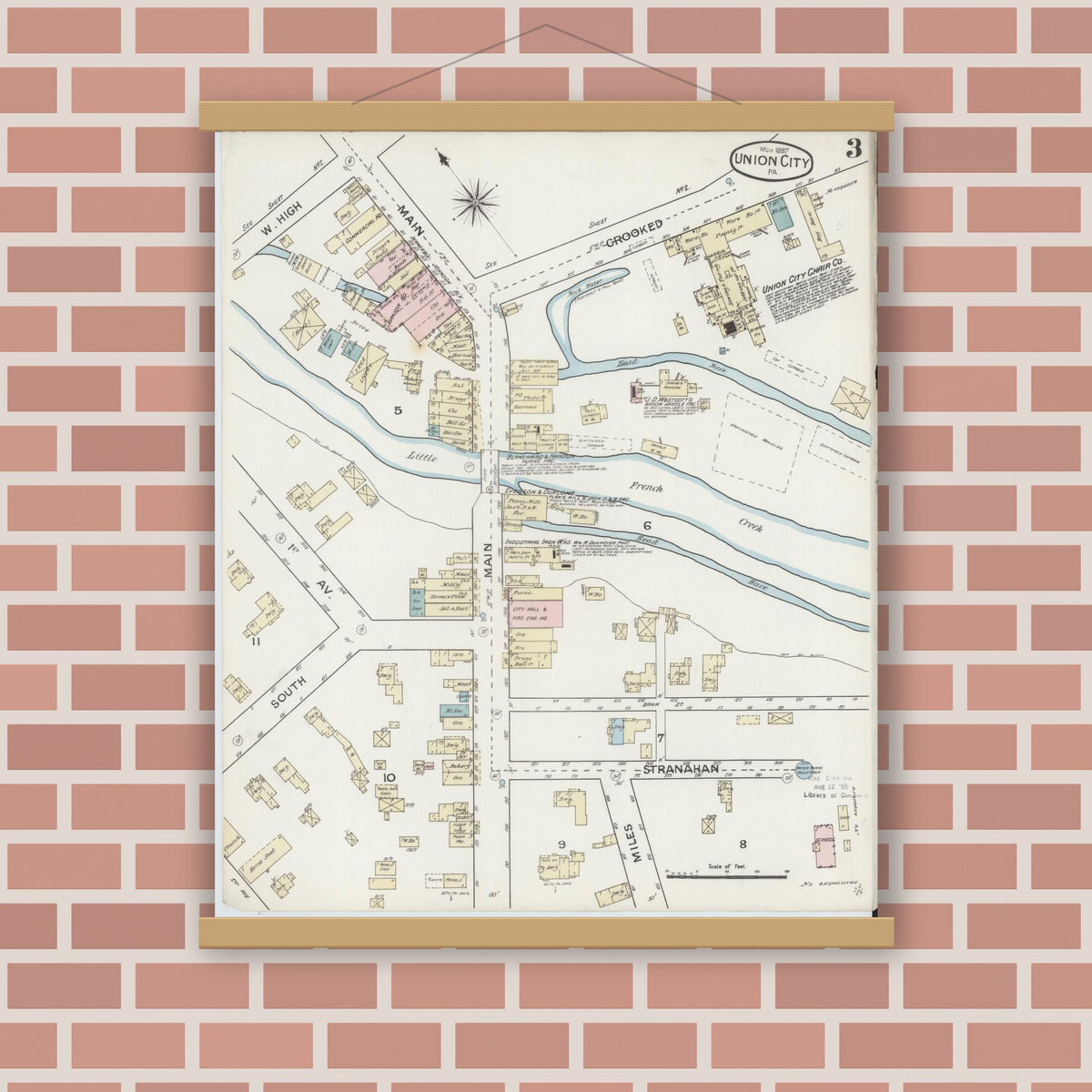 Old map wall art mockup — magnetic wood frame on brick wall — Sanborn Fire Insurance Map from Union City, Erie County, Pennsylvania (1887), Sheet #0003