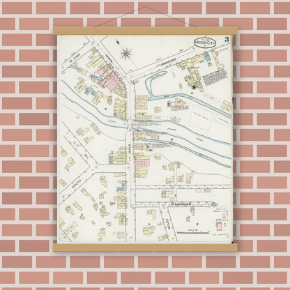 Old map wall art mockup — magnetic wood frame on brick wall — Sanborn Fire Insurance Map from Union City, Erie County, Pennsylvania (1887), Sheet #0003