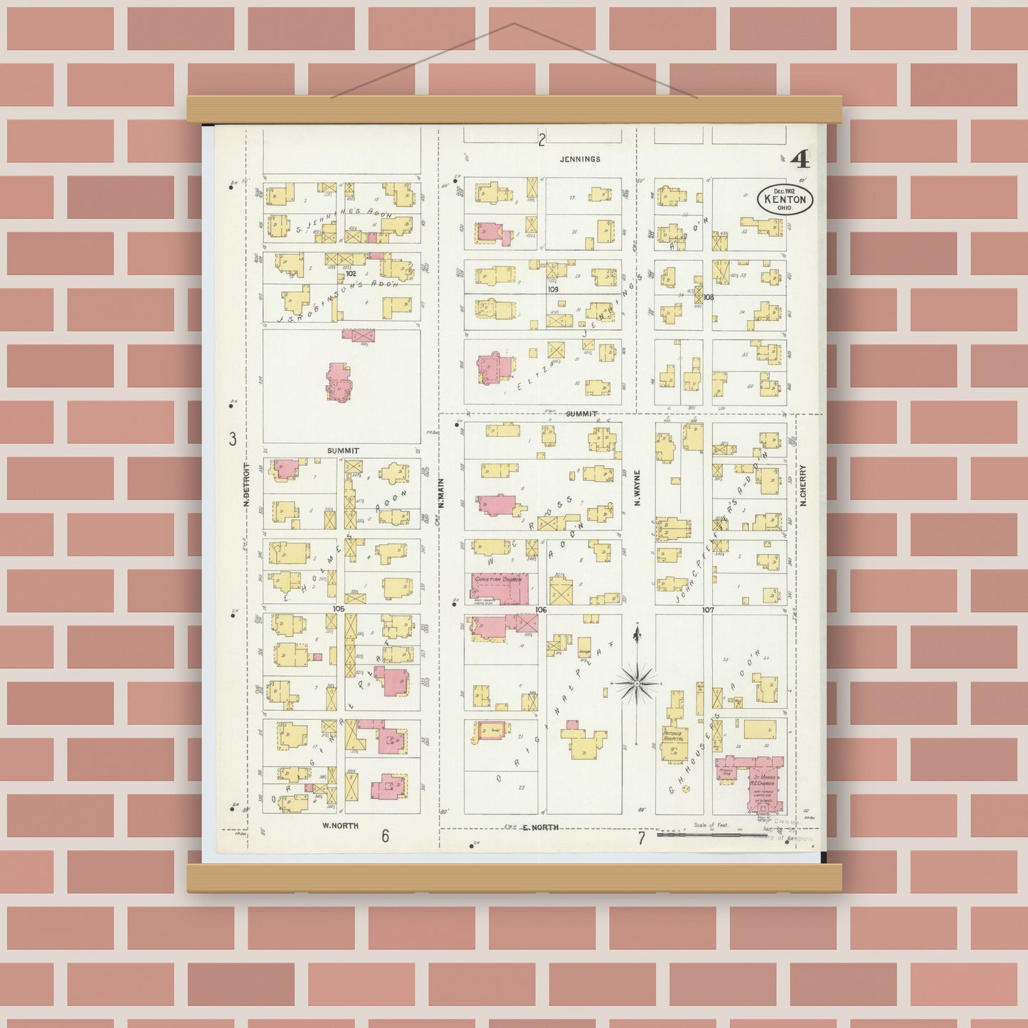 Old map wall art mockup — magnetic wood frame on brick wall — Sanborn Fire Insurance Map from Kenton, Hardin County, Ohio (1902), Sheet #0004