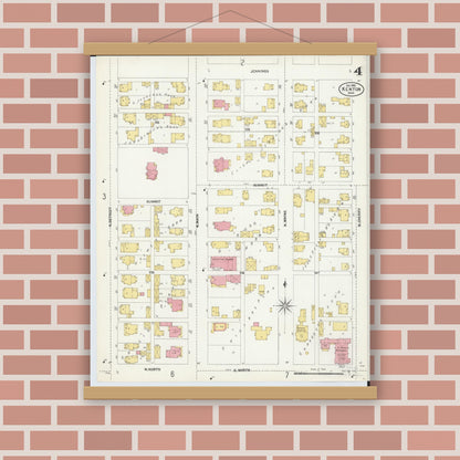 Old map wall art mockup — magnetic wood frame on brick wall — Sanborn Fire Insurance Map from Kenton, Hardin County, Ohio (1902), Sheet #0004