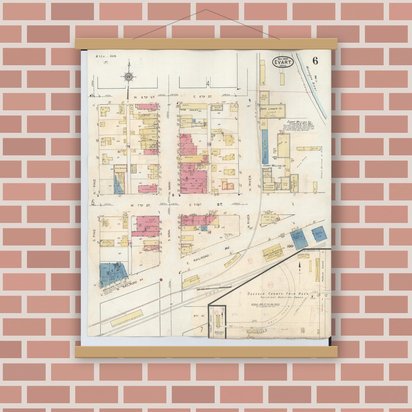 Old map wall art mockup — magnetic wood frame on brick wall — Sanborn Fire Insurance Map from Evart, Osceola County, Michigan (1942), Sheet #0006