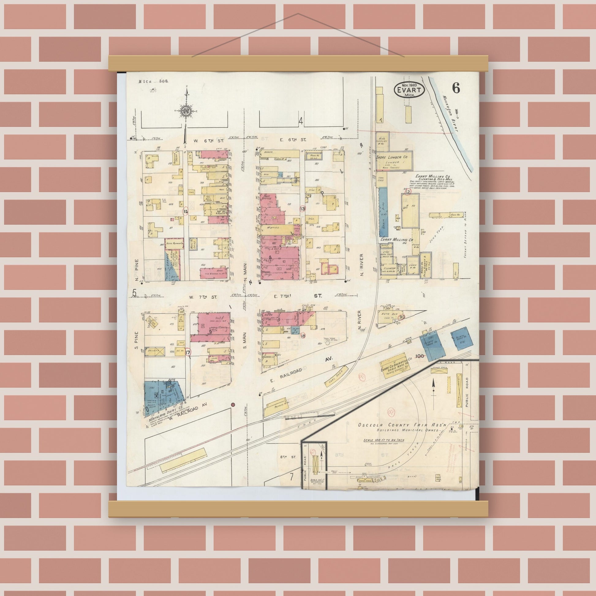 Old map wall art mockup — magnetic wood frame on brick wall — Sanborn Fire Insurance Map from Evart, Osceola County, Michigan (1942), Sheet #0006