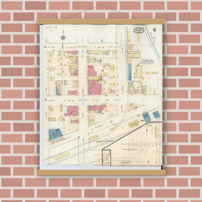 Old map wall art mockup — magnetic wood frame on brick wall — Sanborn Fire Insurance Map from Evart, Osceola County, Michigan (1942), Sheet #0006