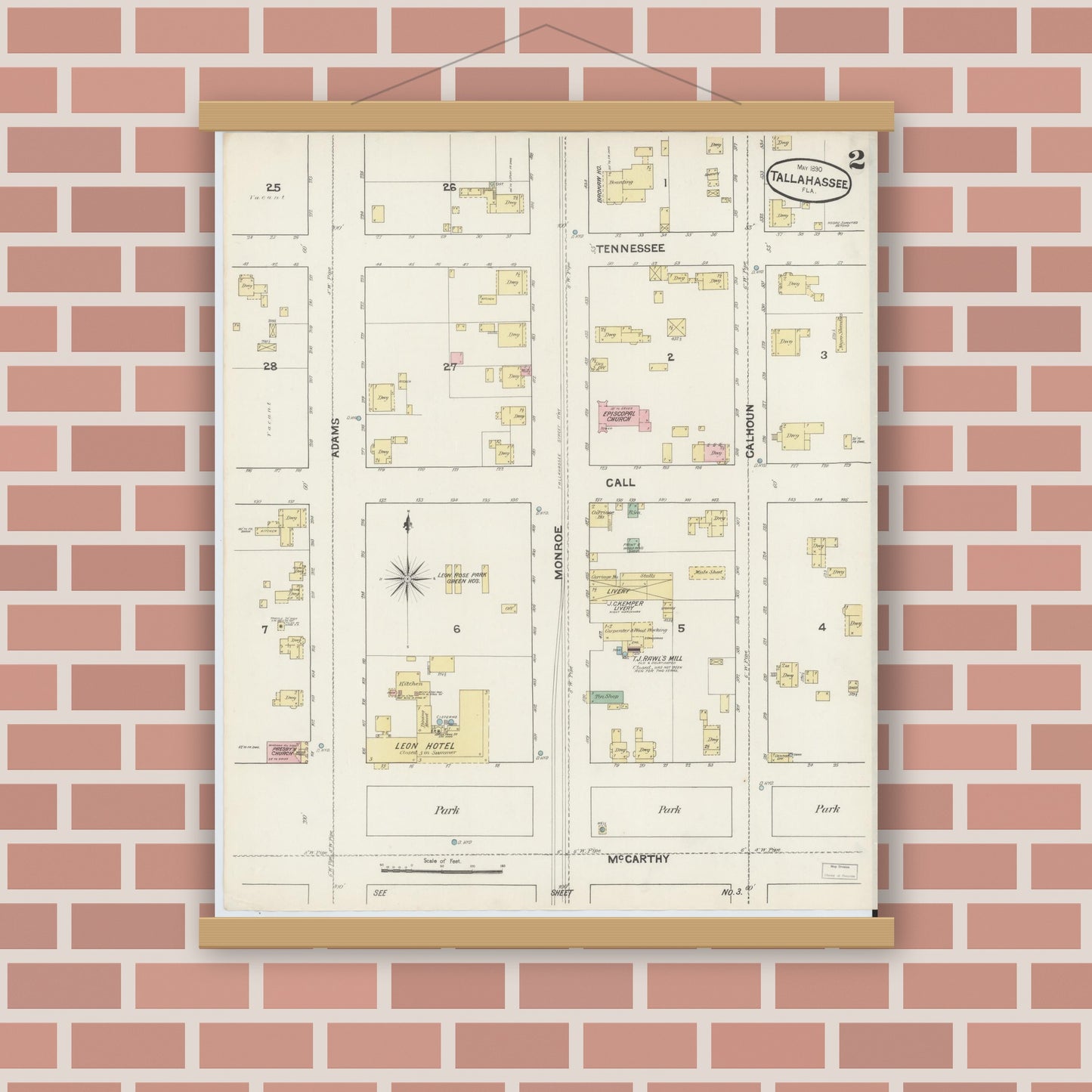 Old map wall art mockup — magnetic wood frame on brick wall — Sanborn Fire Insurance Map from Tallahassee, Leon County, Florida (1890), Sheet #0002