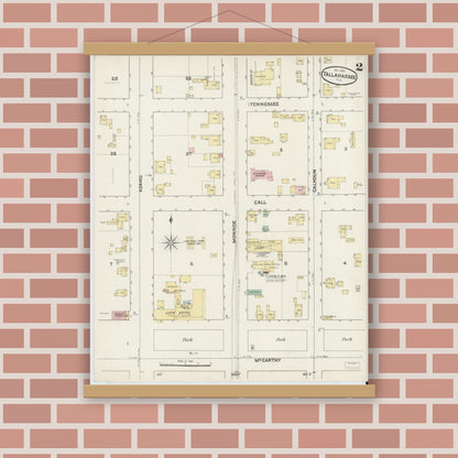 Old map wall art mockup — magnetic wood frame on brick wall — Sanborn Fire Insurance Map from Tallahassee, Leon County, Florida (1890), Sheet #0002