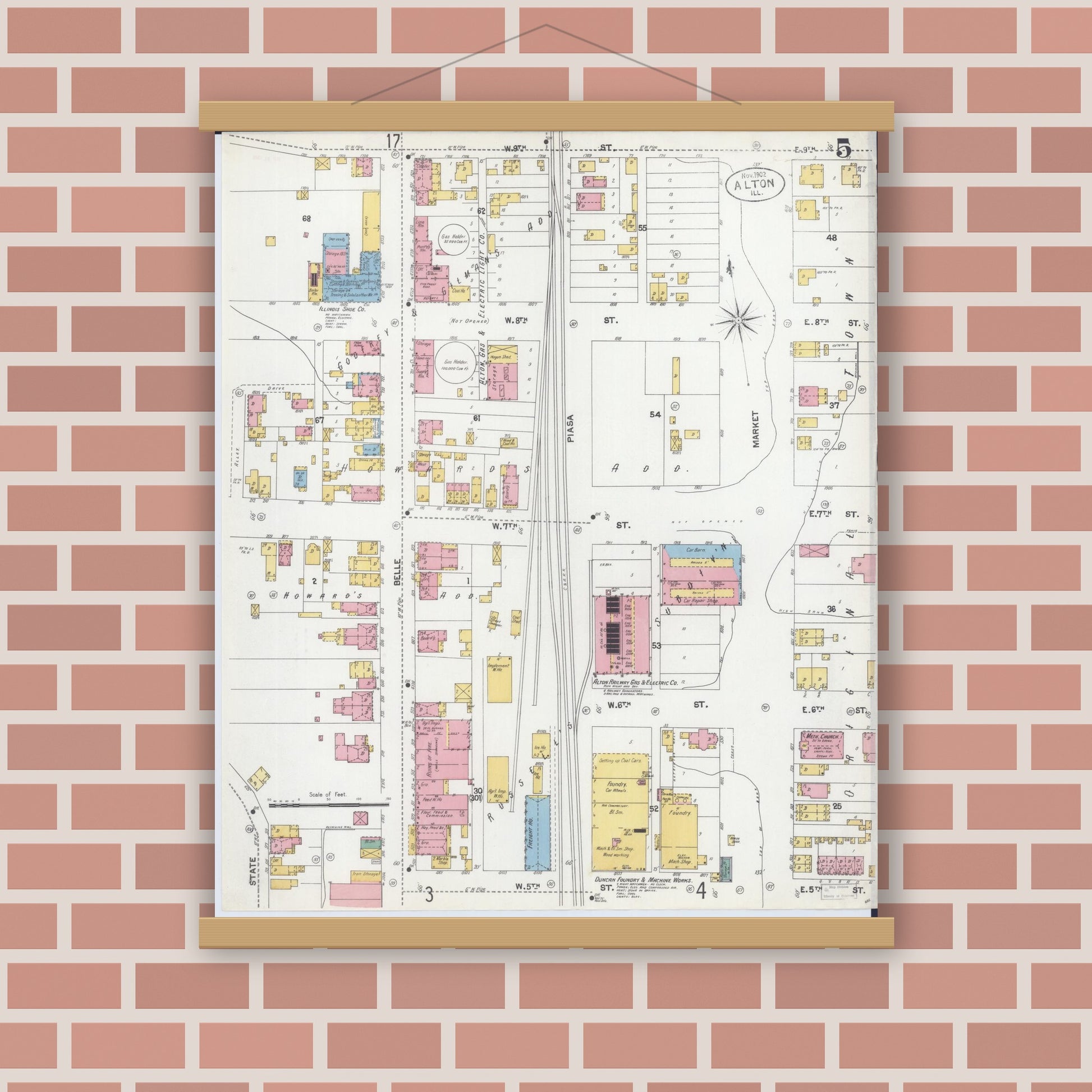 Old map wall art mockup — magnetic wood frame on brick wall — Sanborn Fire Insurance Map from Alton, Madison County, Illinois (1902), Sheet #0005
