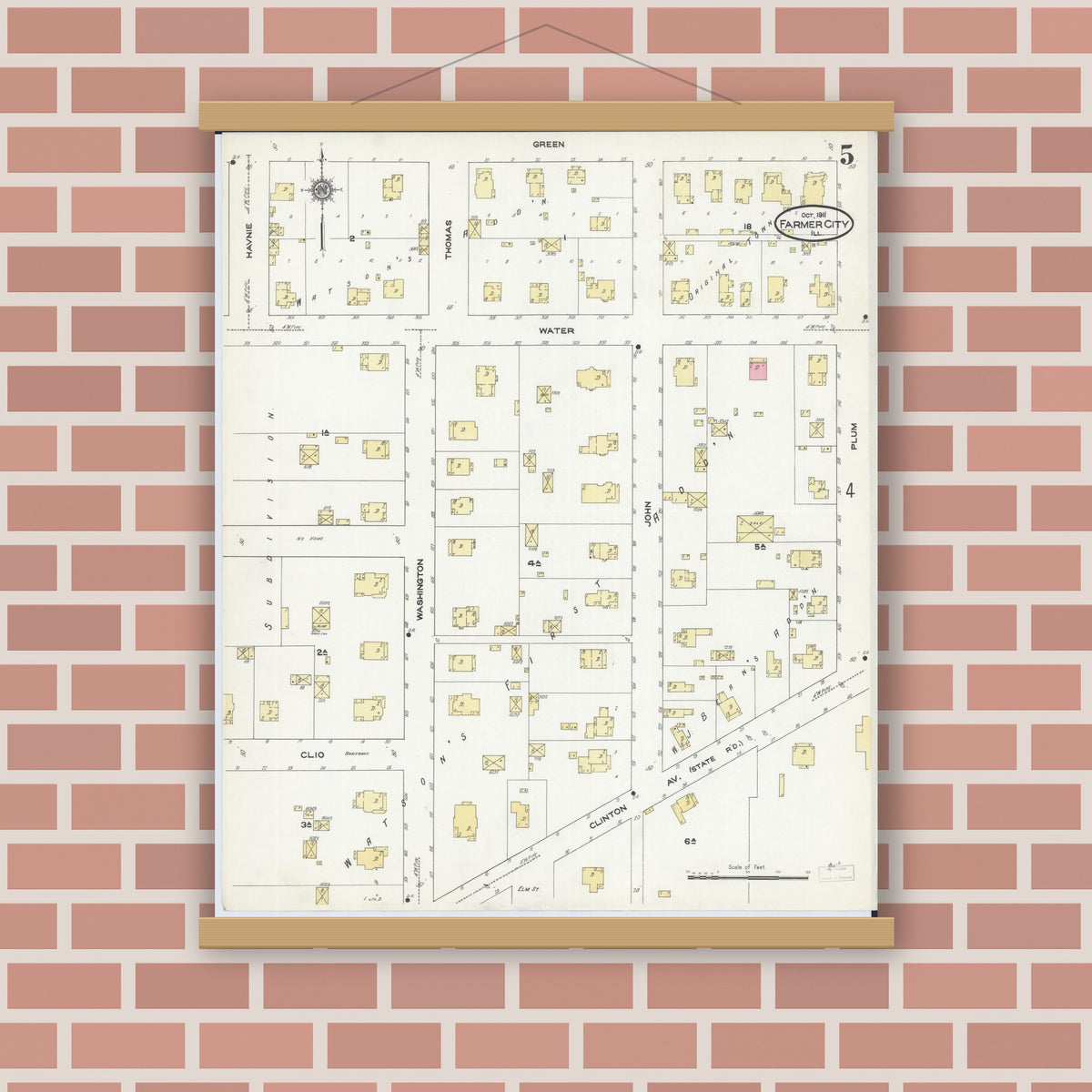 Old map wall art mockup — magnetic wood frame on brick wall — Sanborn Fire Insurance Map from Farmer City, De Witt County, Illinois (1911), Sheet #0005