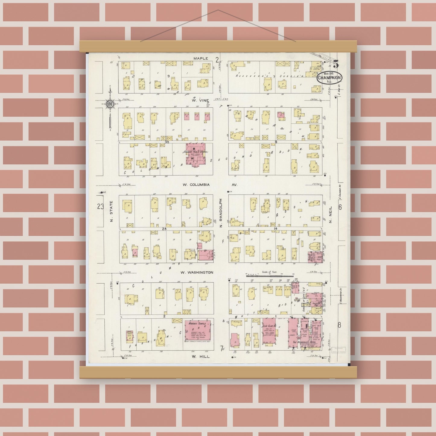 Old map wall art mockup — magnetic wood frame on brick wall — Sanborn Fire Insurance Map from Champaign, Champaign County, Illinois (1915), Sheet #0005