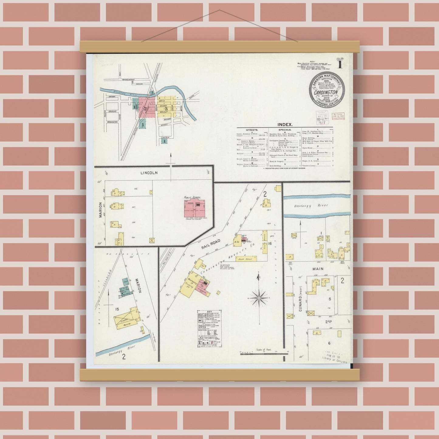 Old map wall art mockup — magnetic wood frame on brick wall — Sanborn Fire Insurance Map from Cardington, Morrow County, Ohio (1903) - Complete Map Set
