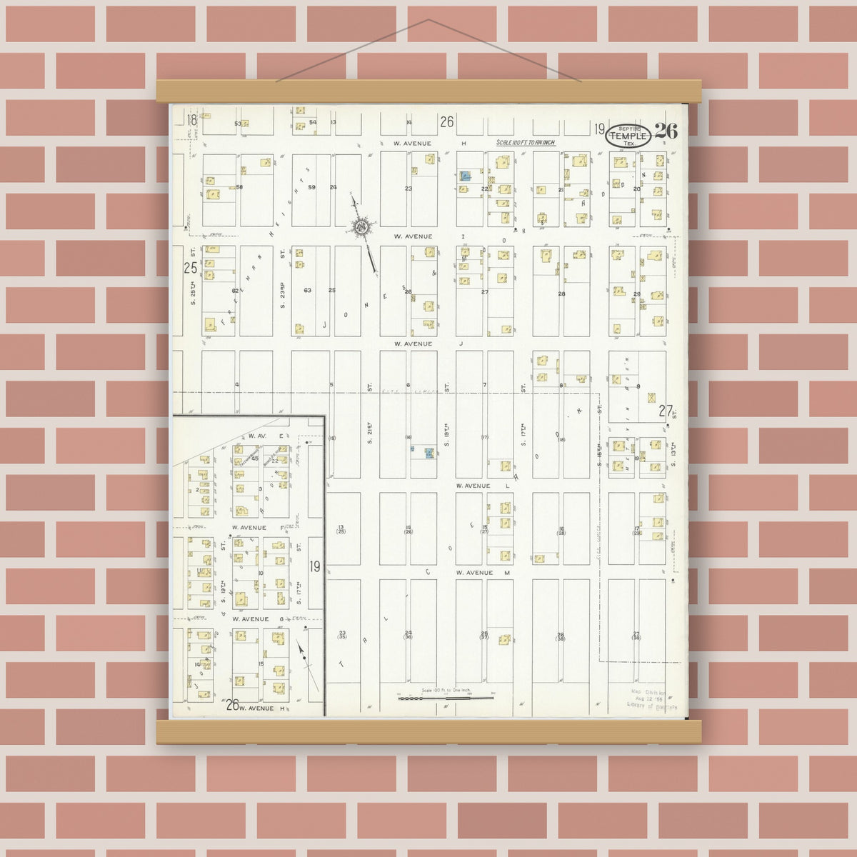 Old map wall art mockup — magnetic wood frame on brick wall — Sanborn Fire Insurance Map from Temple, Bell County, Texas (1915), Sheet #0026