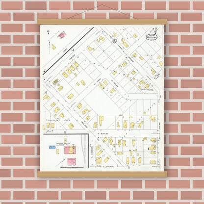 Old map wall art mockup — magnetic wood frame on brick wall — Sanborn Fire Insurance Map from Midland, Midland County, Michigan (1926), Sheet #0007