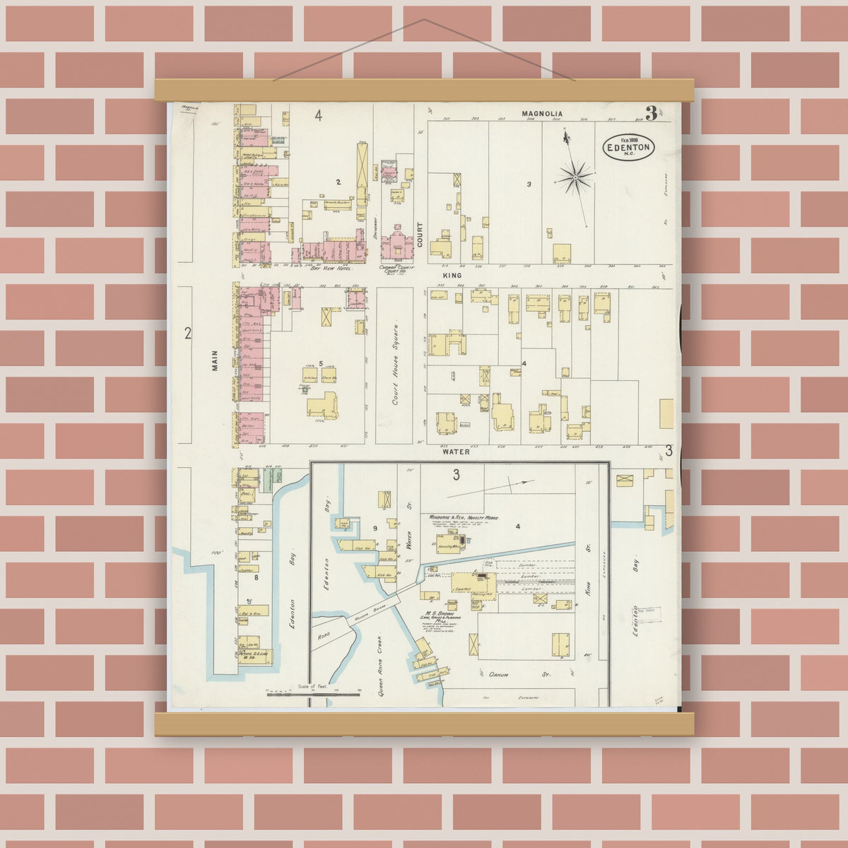 Old map wall art mockup — magnetic wood frame on brick wall — Sanborn Fire Insurance Map from Edenton, Chowan County, North Carolina (1898), Sheet #0003