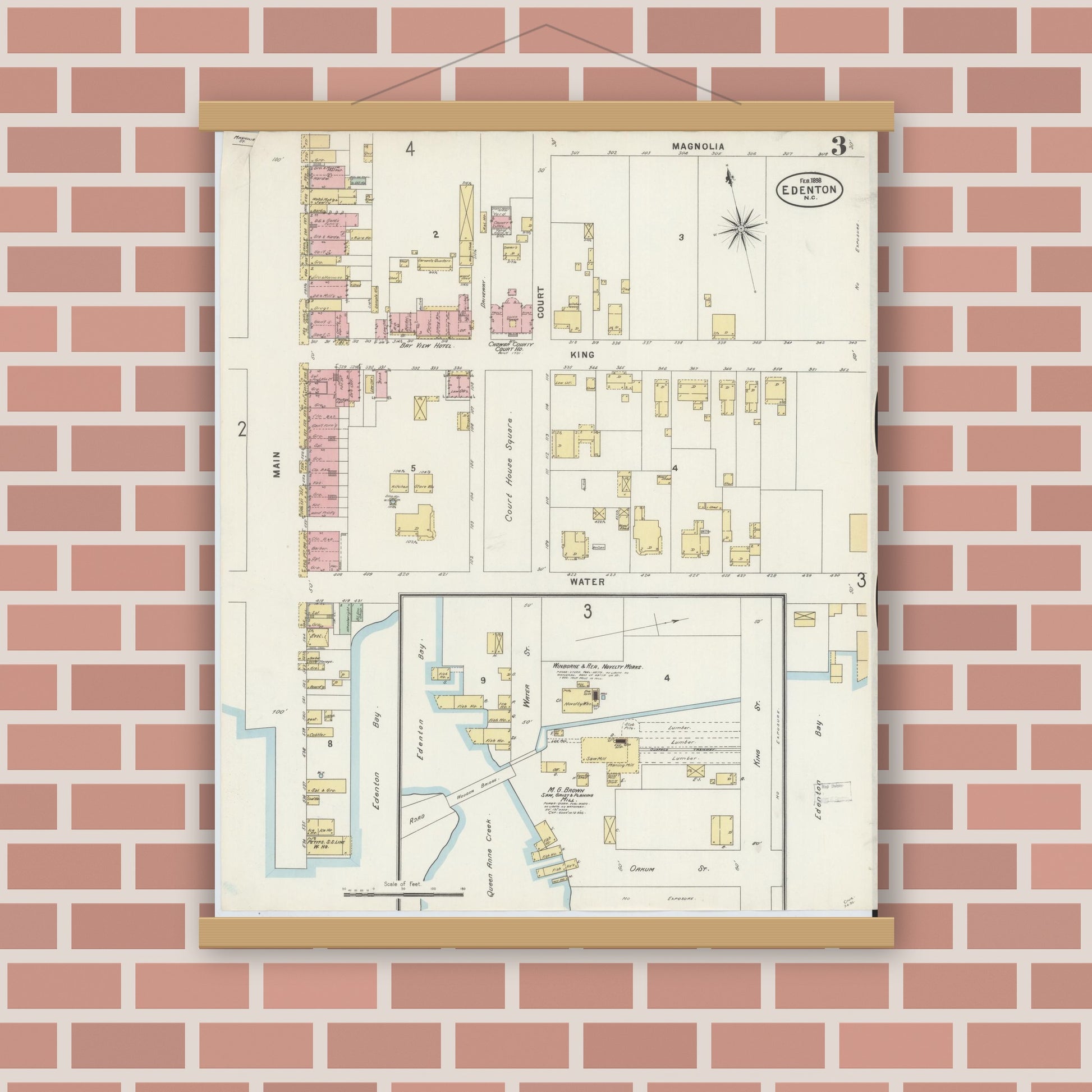 Old map wall art mockup — magnetic wood frame on brick wall — Sanborn Fire Insurance Map from Edenton, Chowan County, North Carolina (1898), Sheet #0003