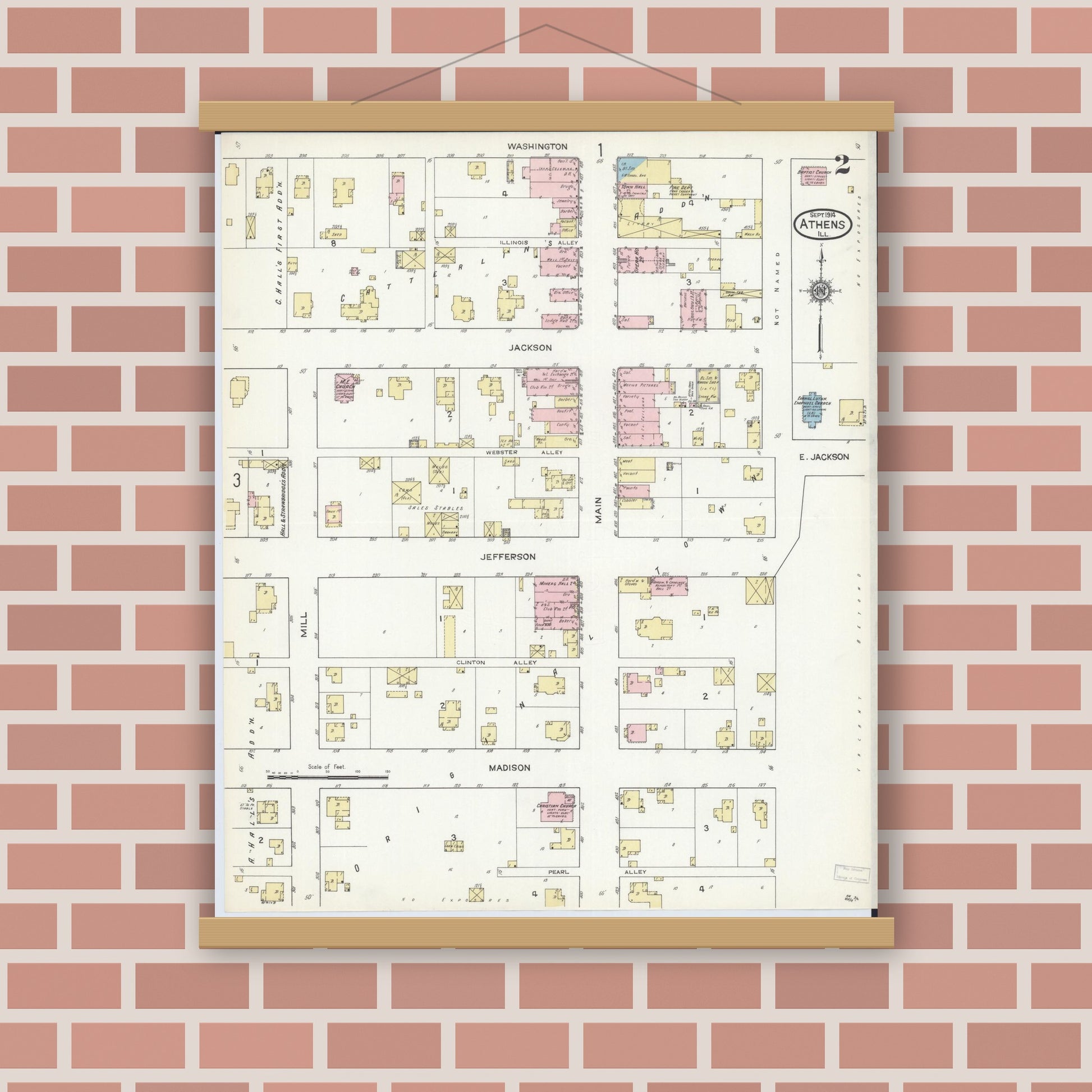 Old map wall art mockup — magnetic wood frame on brick wall — Sanborn Fire Insurance Map from Athens, Menard County, Illinois (1914), Sheet #0002