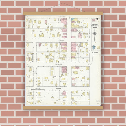 Old map wall art mockup — magnetic wood frame on brick wall — Sanborn Fire Insurance Map from Athens, Menard County, Illinois (1914), Sheet #0002