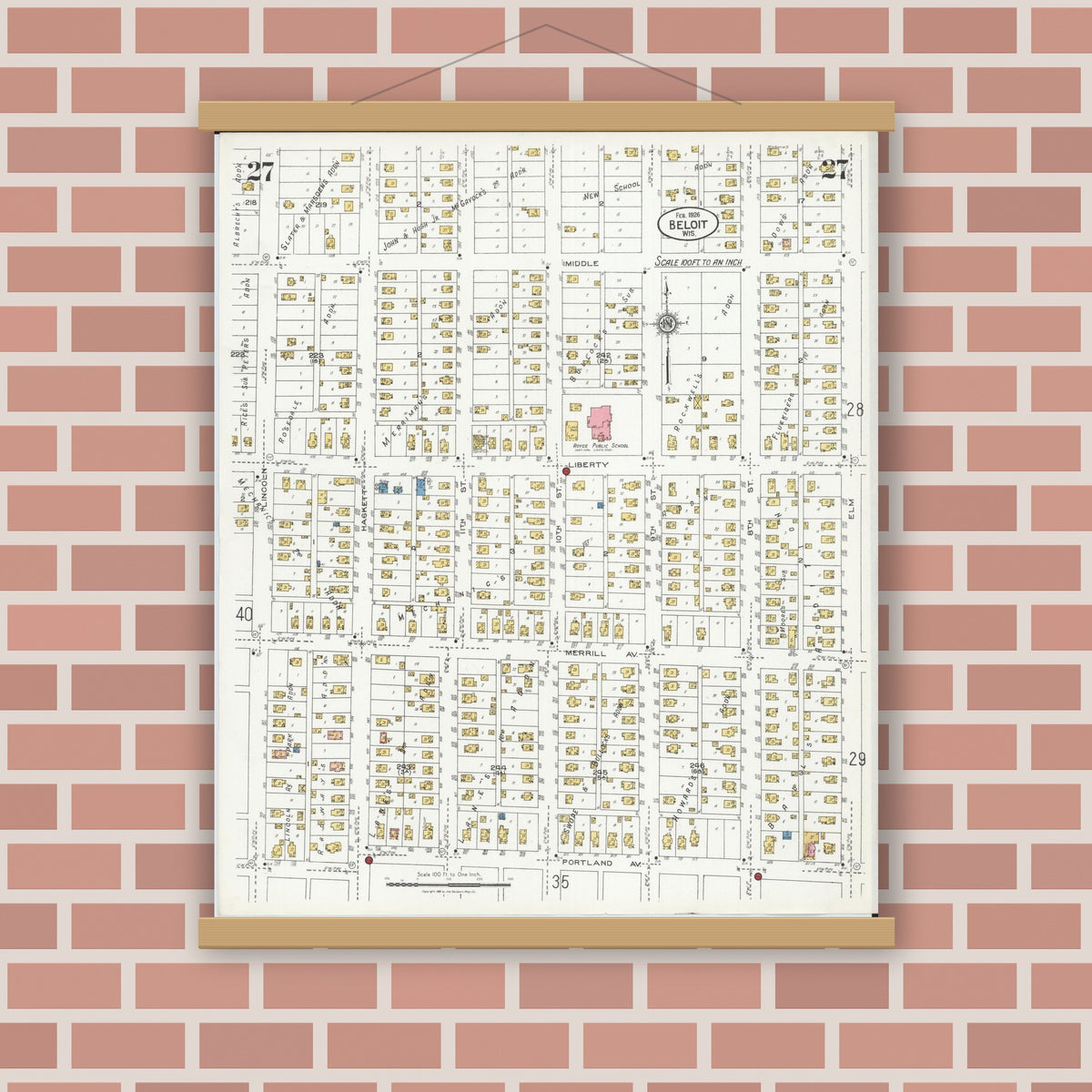 Old map wall art mockup — magnetic wood frame on brick wall — Sanborn Fire Insurance Map from Beloit, Rock County, Wisconsin (1926), Sheet #0027